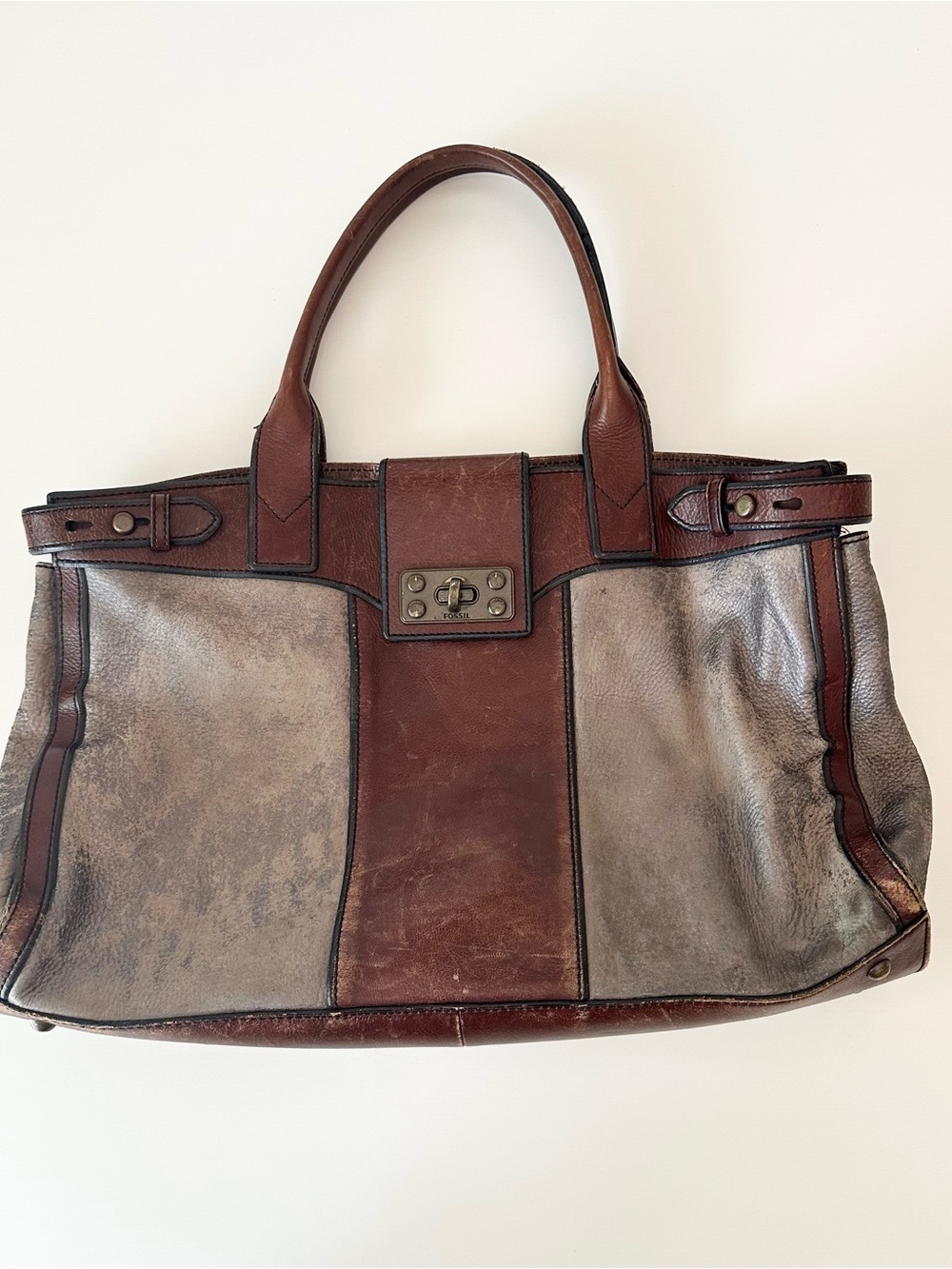 Fossil Distressed Brown Leather & Metallic Pewter Tote Bag